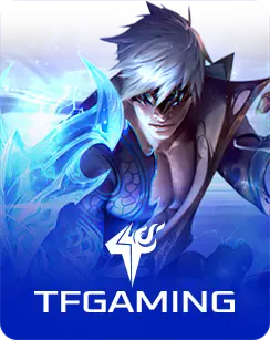 TF Gaming logo featuring a fantasy game character with glowing blue effects representing the TF Gaming platform.