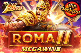 Roma II Megaways slot game banner featuring a Roman warrior with Buy Bonus and VIP Jackpot features.