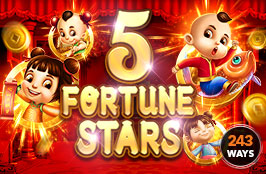 5 Fortune Stars slot game featuring festive characters, gold coins, and a 243 ways to win mechanic.