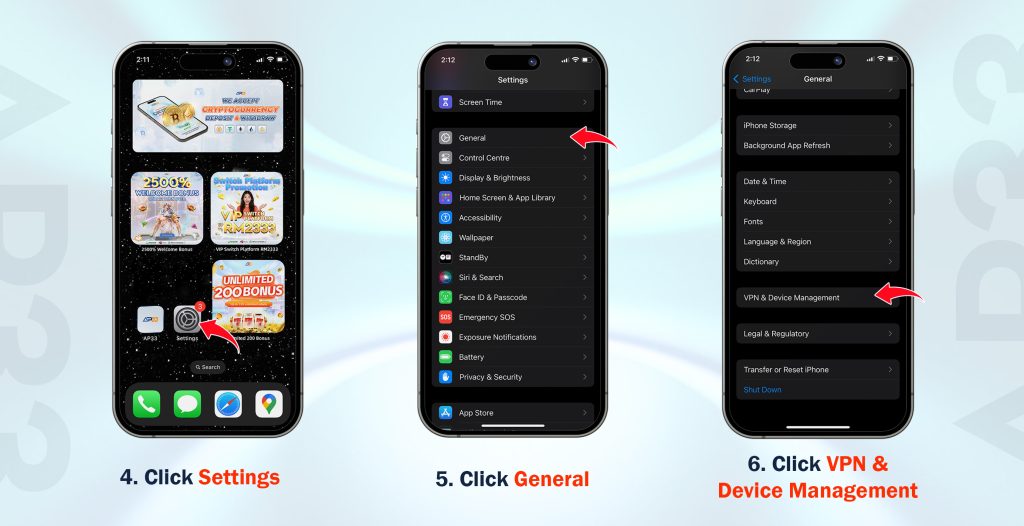 AP33 iOS installation steps showing how to open Settings, tap General, and select VPN & Device Management on an iPhone.
