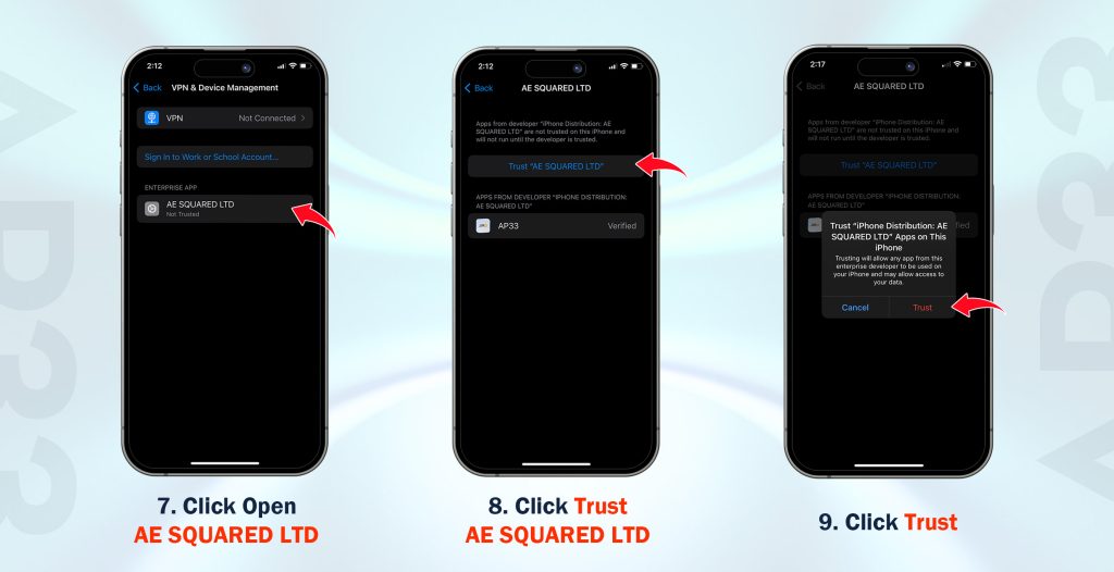 AP33 iOS installation steps showing how to open AE Squared Ltd, tap Trust AE Squared Ltd, and confirm trust to complete app verification.