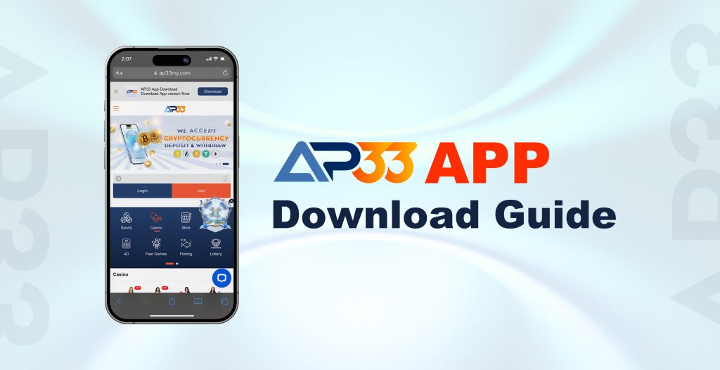 AP33 iOS app download guide showing a smartphone with the AP33 casino platform interface.