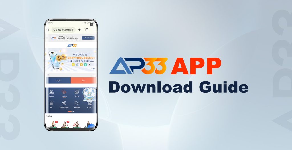 AP33 APK Android download guide displayed with a smartphone showing the AP33 website and app interface.