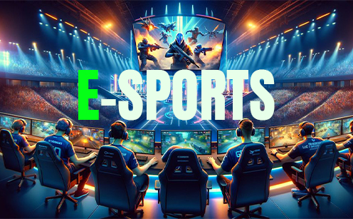 Esports arena with professional gamers competing on stage and large screens displaying gameplay under the title “E-Sports”.