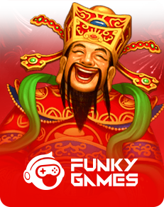Funky Games logo featuring a cheerful Chinese God of Wealth character in red attire.