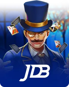 JDB Gaming logo featuring a magician character with playing cards representing JDB slot games.