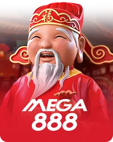 Mega888 gaming logo featuring a smiling Chinese God of Wealth character.
