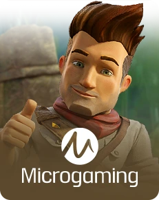 Microgaming gaming logo featuring an animated character giving a thumbs up.