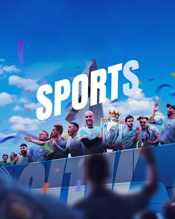 Sports betting banner featuring a football team celebrating with a trophy under the word “SPORTS”.