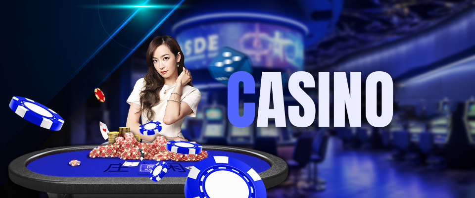 Online casino banner featuring a female dealer with poker chips and a casino table background.