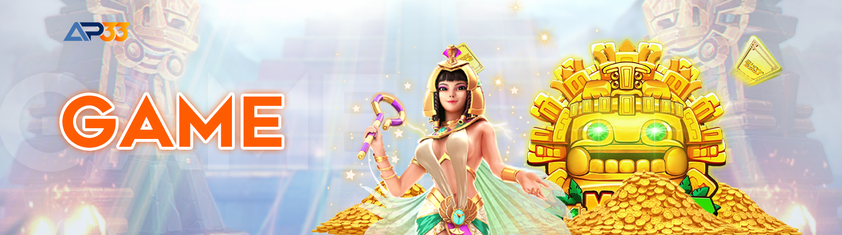 AP33 casino game banner featuring an Egyptian queen character with gold treasure and a temple-themed slot game background.