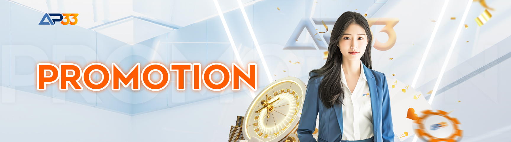 AP33 Malaysia promotion banner featuring a female representative with casino chips, roulette wheel, and special gaming offers.