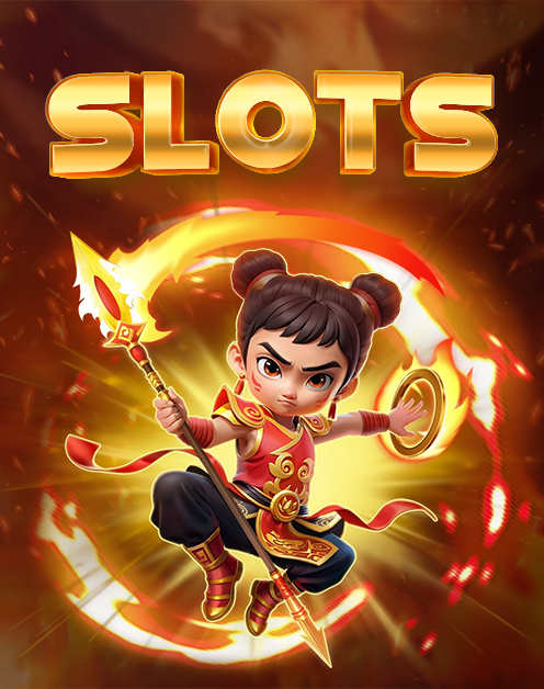 Slots game banner featuring a warrior girl character with a flaming spear and golden slot-themed background.