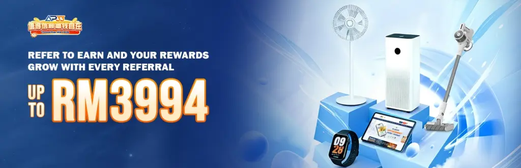 AP33 Malaysia referral program banner offering up to RM3994 rewards for referring friends.